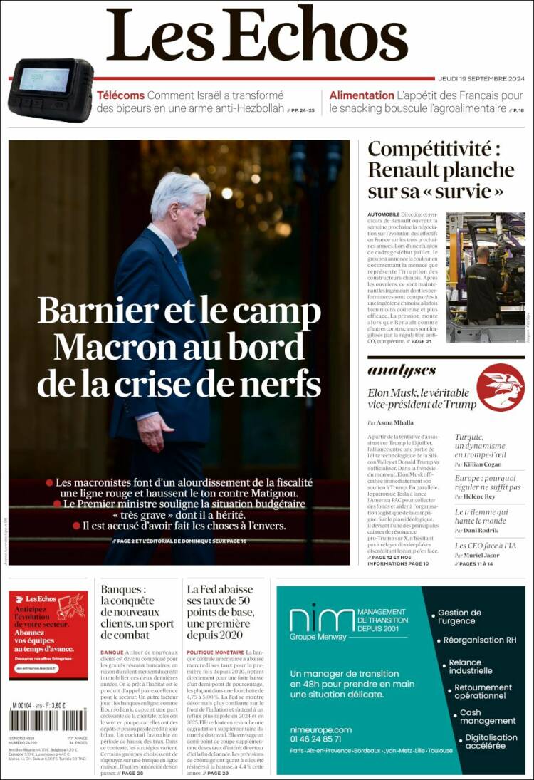 Portada de Les Echos (Francia)