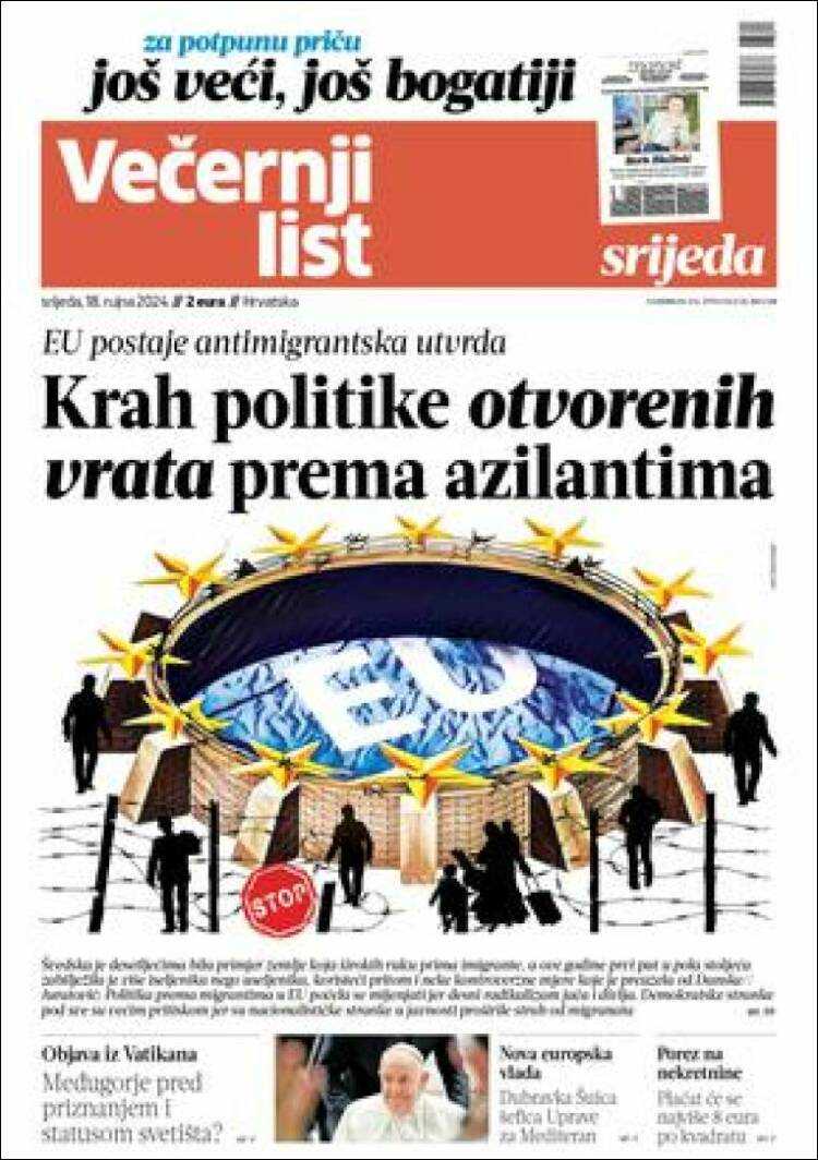 Portada de Večernji (Croacia)