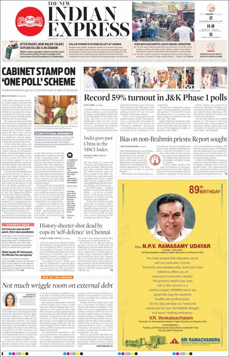 Portada de New Indian Express (India)