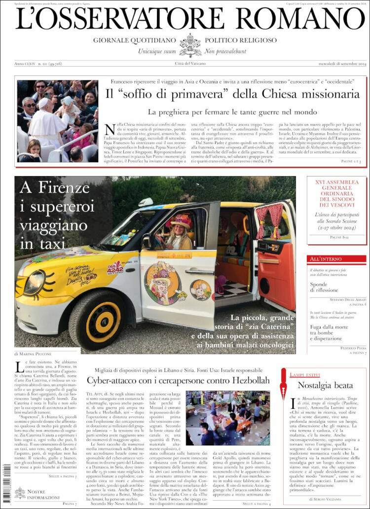 Portada de L'Osservatore Romano (Italia)