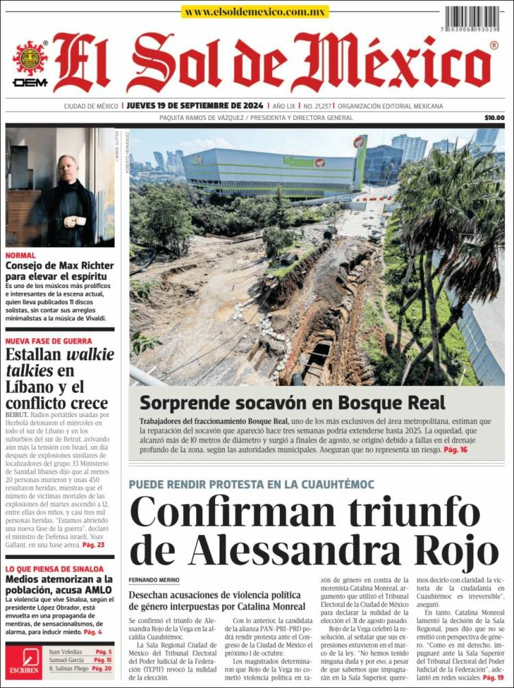 Portada de El Sol de México (M&eacute;xico)