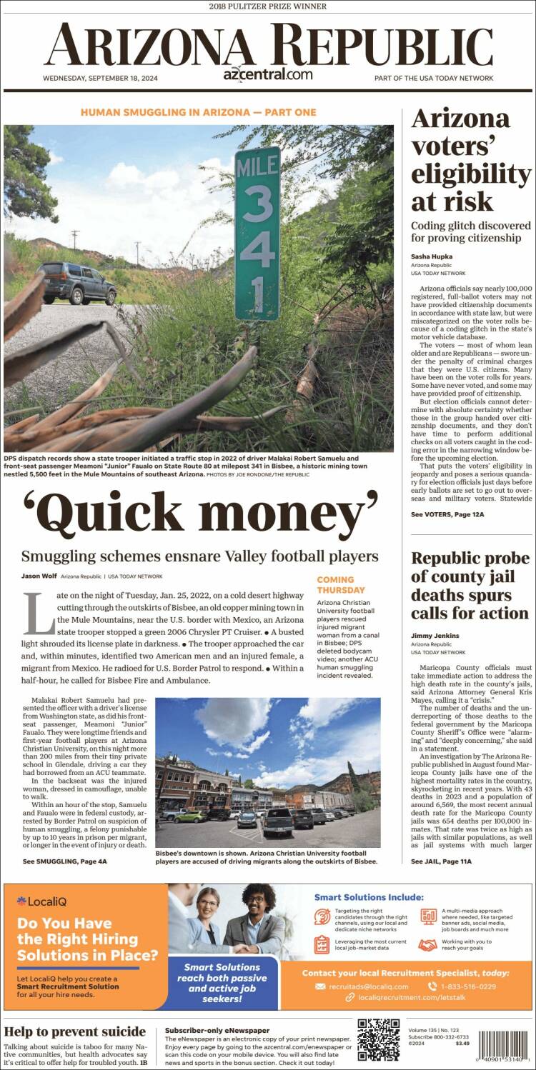 Portada de Arizona Republic News (USA)