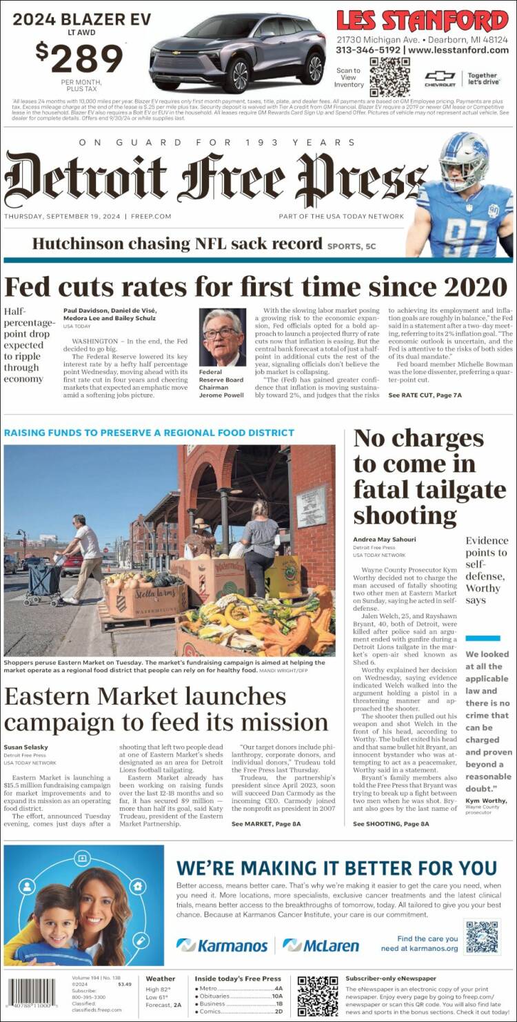 Portada de Detroit Free Press (USA)