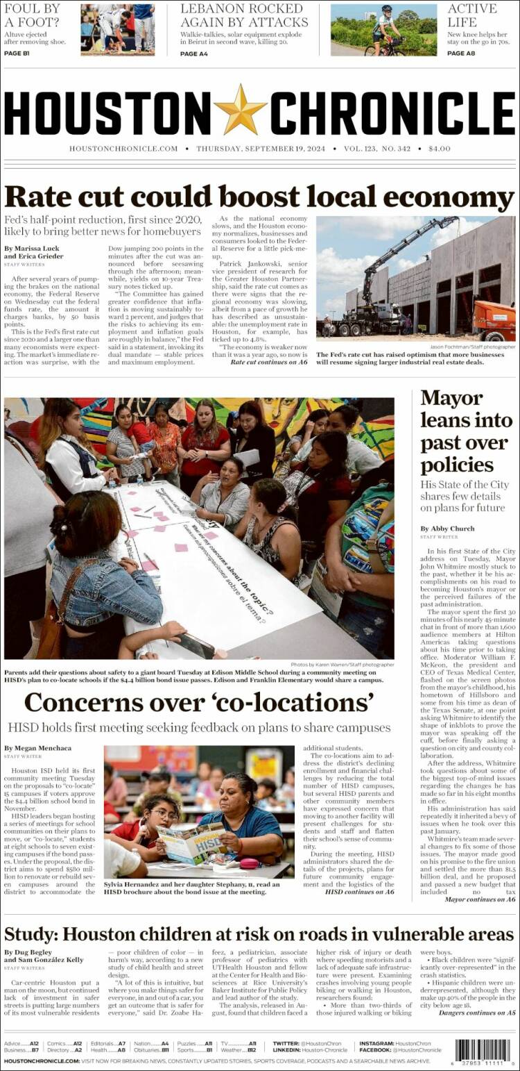 Portada de Houston Chronicle (USA)