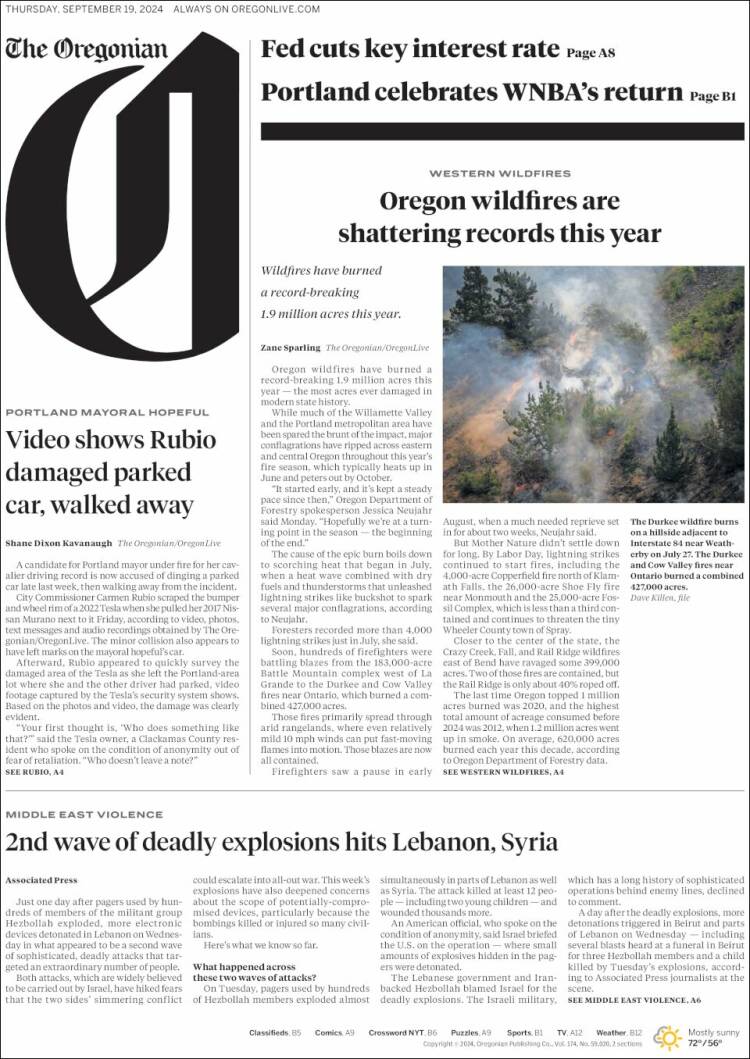 Portada de The Oregonian (USA)