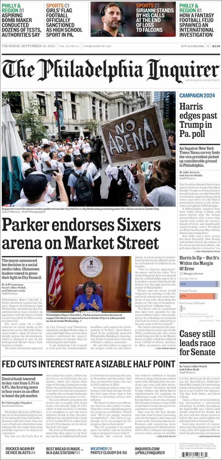 Portada de Philadelphia Inquirer (USA)