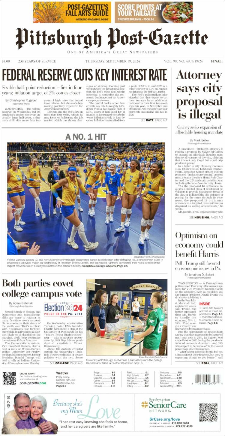 Portada de Pittsburgh Post-Gazette (USA)