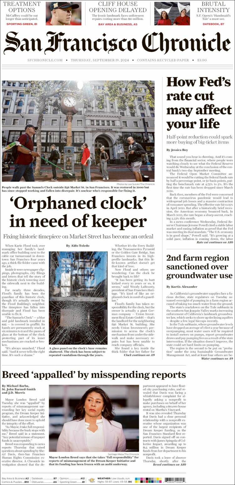 Portada de San Francisco Chronicle (USA)
