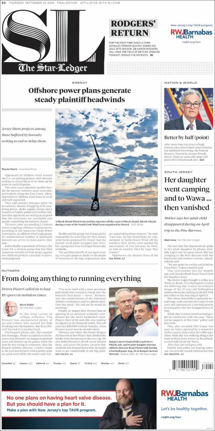 Portada de Star-Ledger (USA)