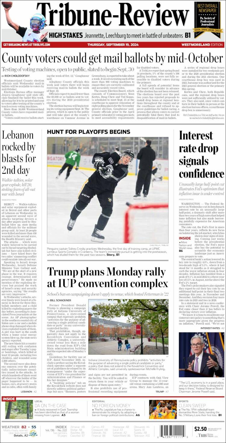 Portada de Tribune-Review (USA)