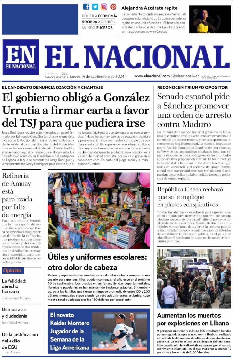 Portada de El Nacional (Venezuela)