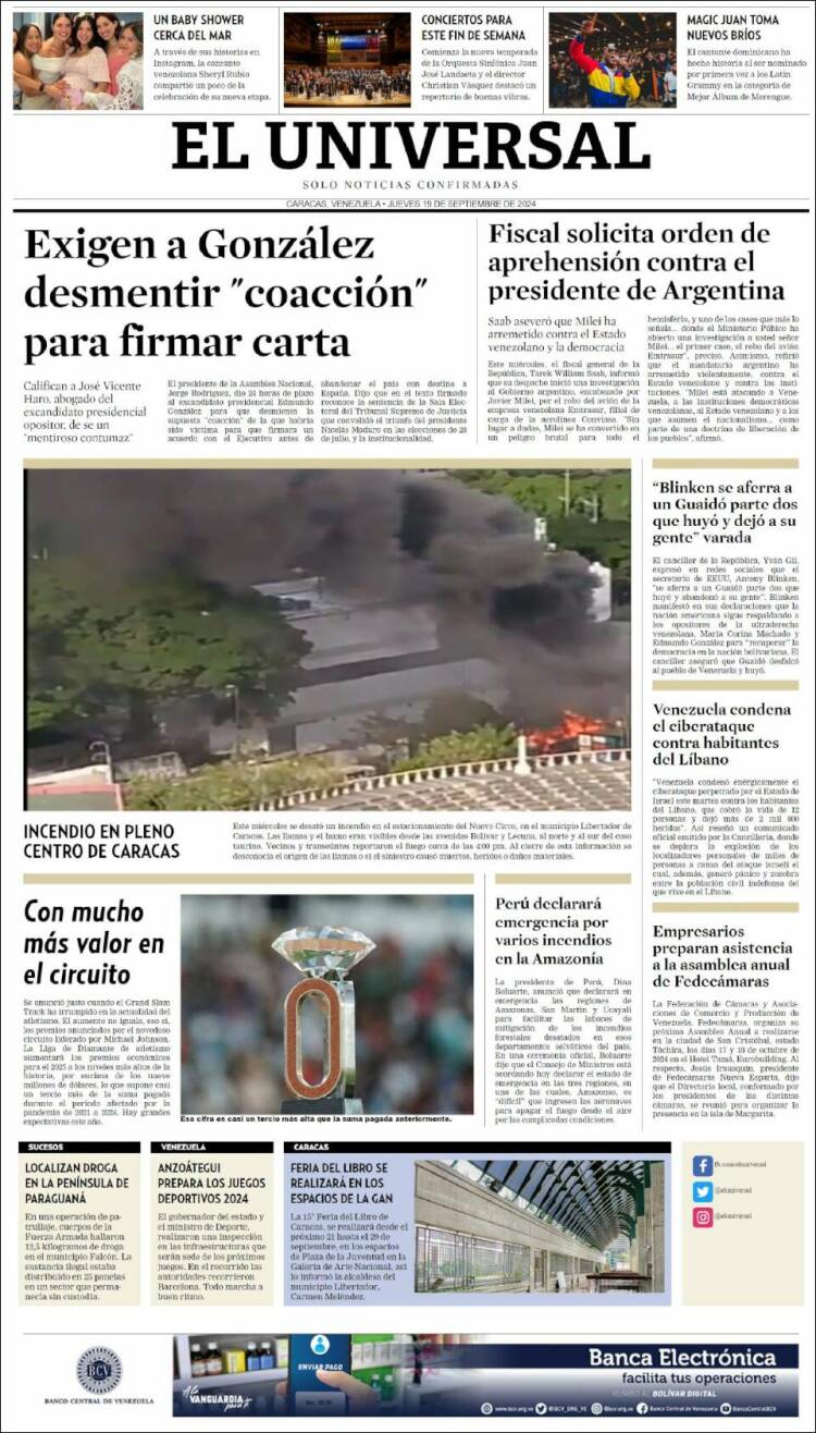 Portada de Universal (Venezuela)