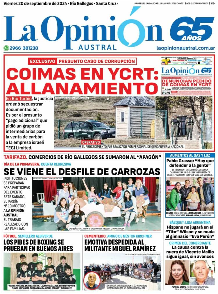 Portada de La Opinión Austral (Argentina)