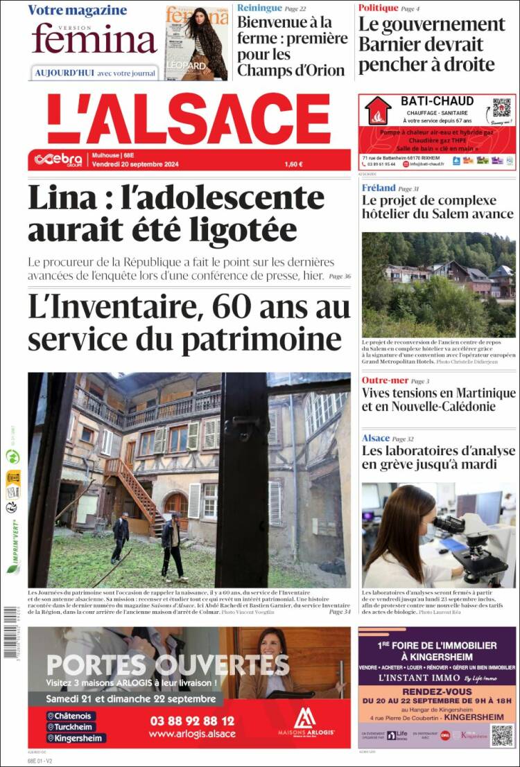 Portada de Journal L'Alsace (Francia)