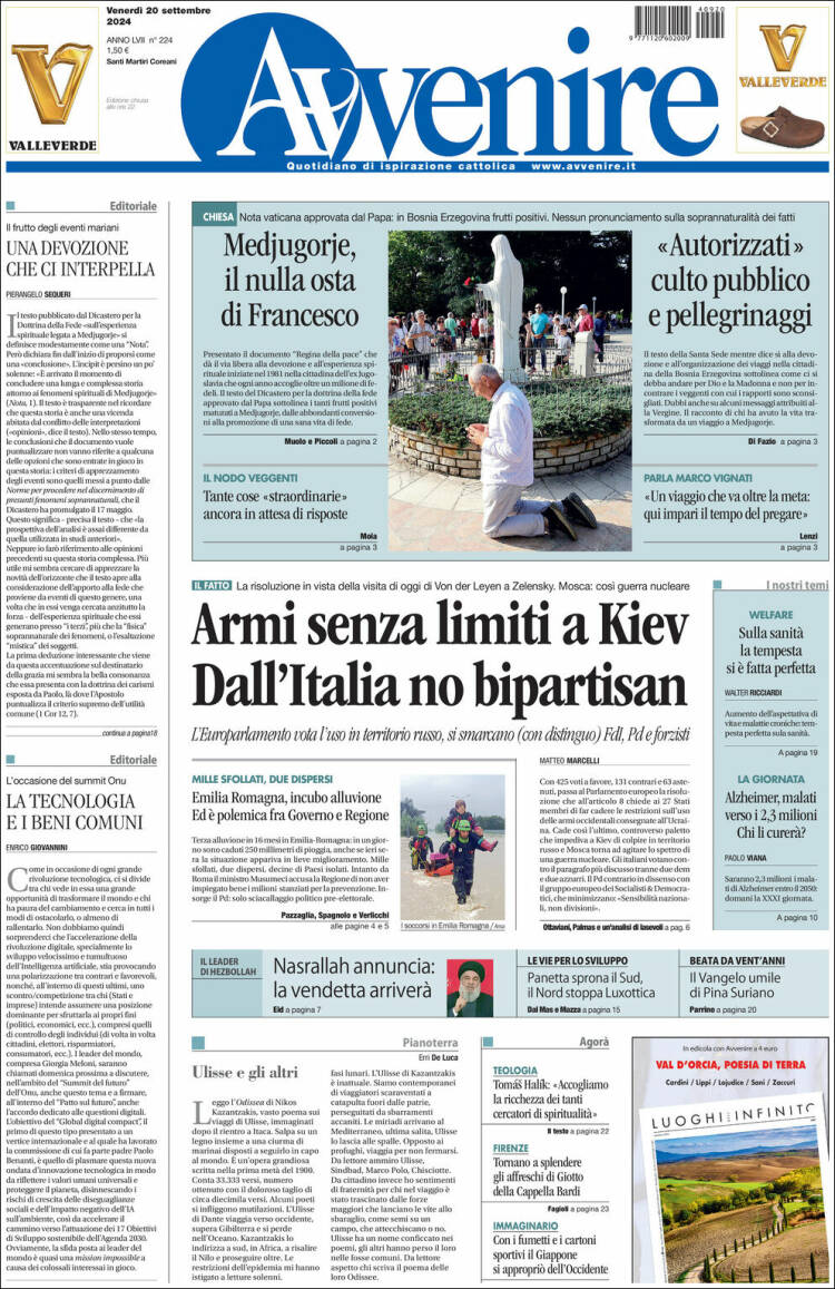 Portada de Avvenire (Italia)
