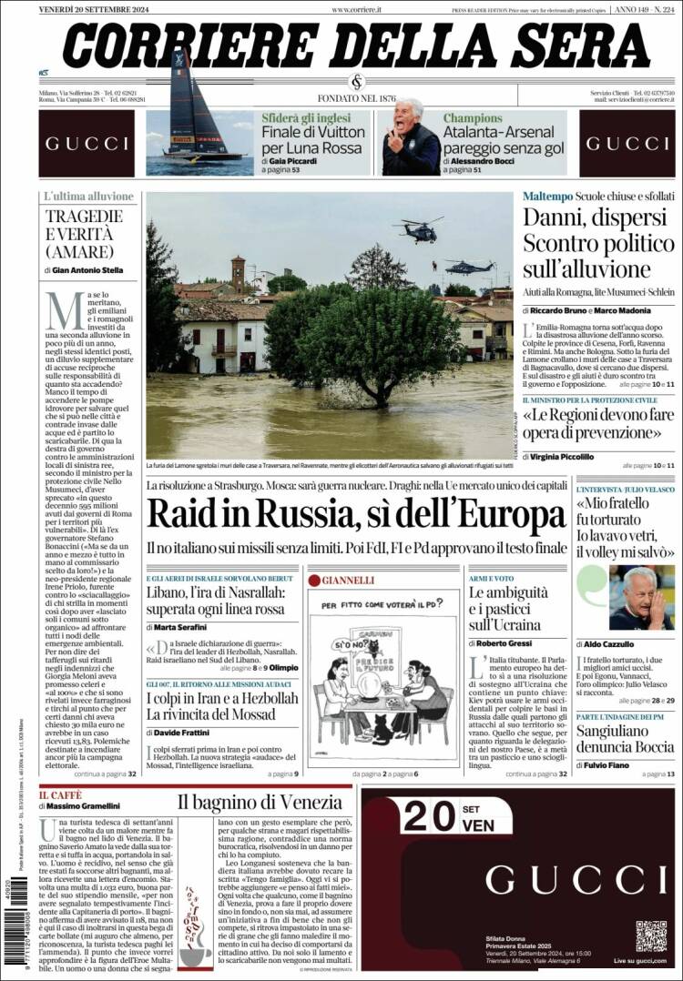 Portada de Corriere della Sera (Italia)