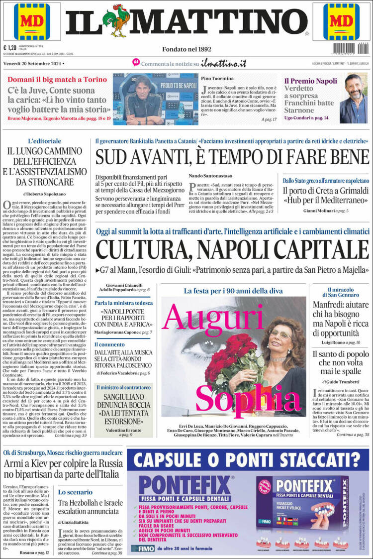 Portada de Il Mattino (Italia)