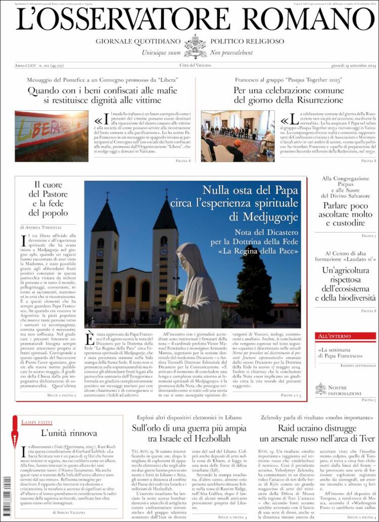 Portada de L'Osservatore Romano (Italia)