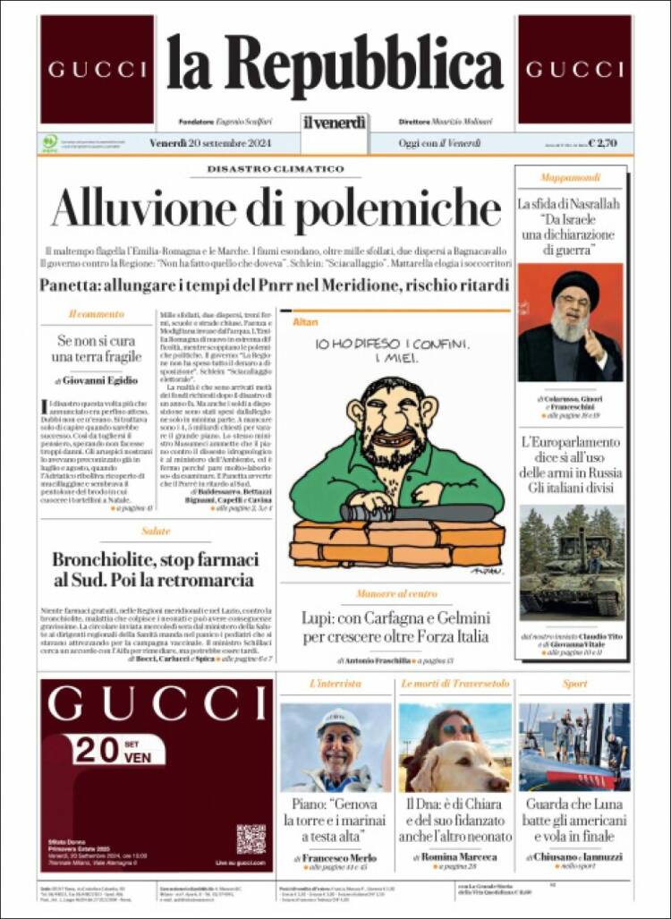 Portada de La Repubblica (Italia)