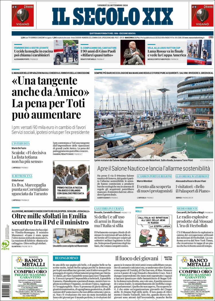 Portada de Il Secolo XIX (Italia)