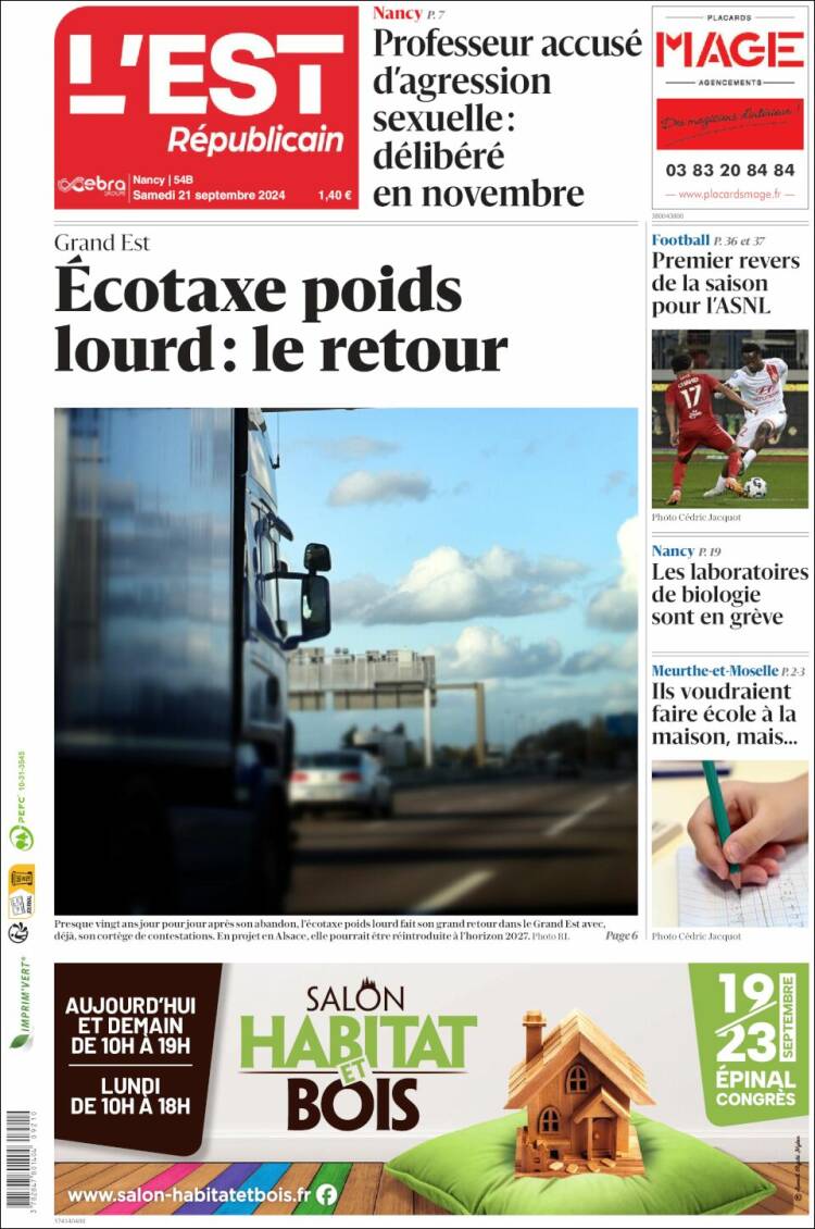 Portada de L'Est Republicain (Francia)
