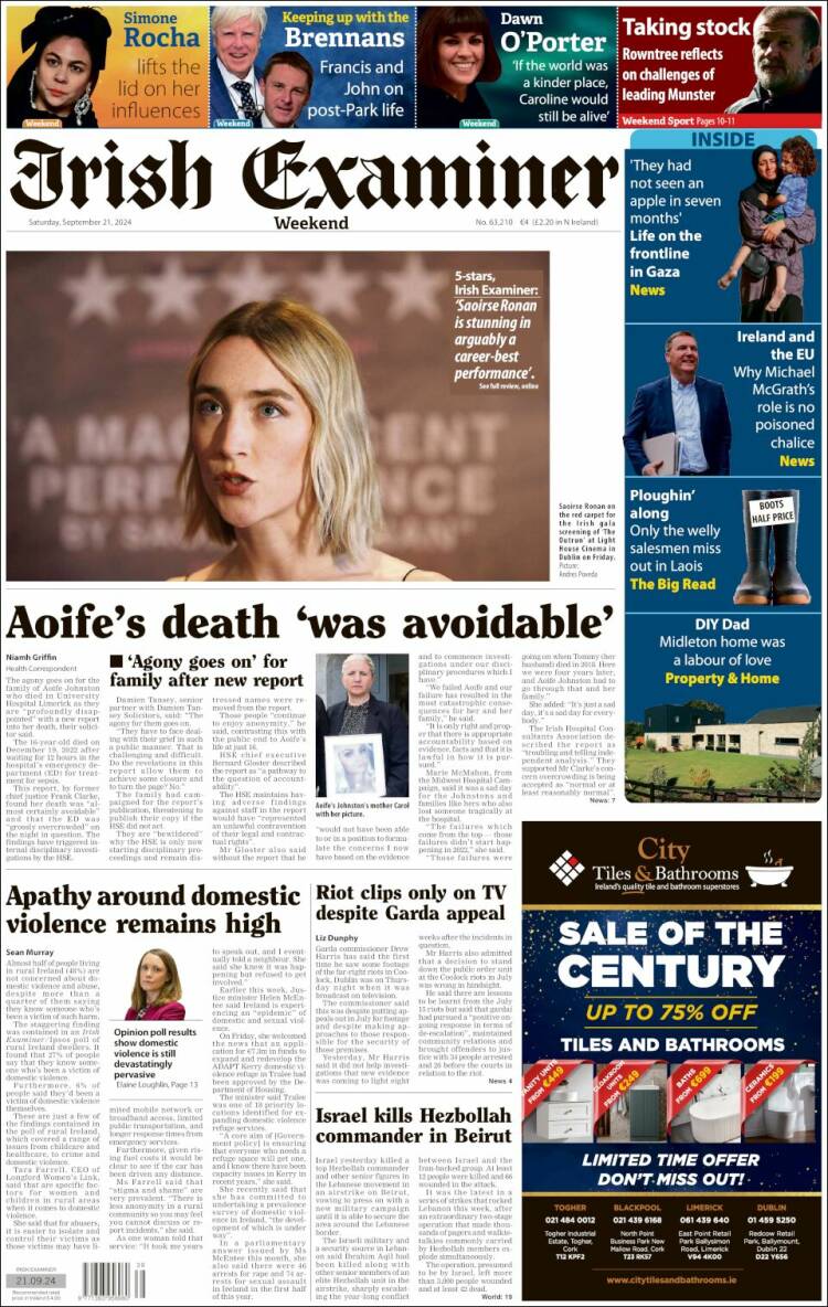 Portada de Irish Examiner (Irlanda)