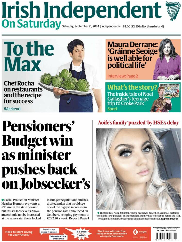 Portada de Irish Independent (Irlanda)