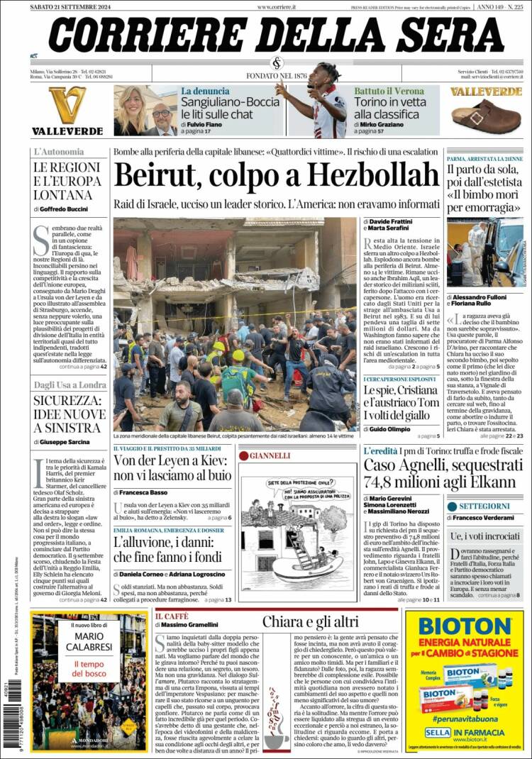 Portada de Corriere della Sera (Italia)