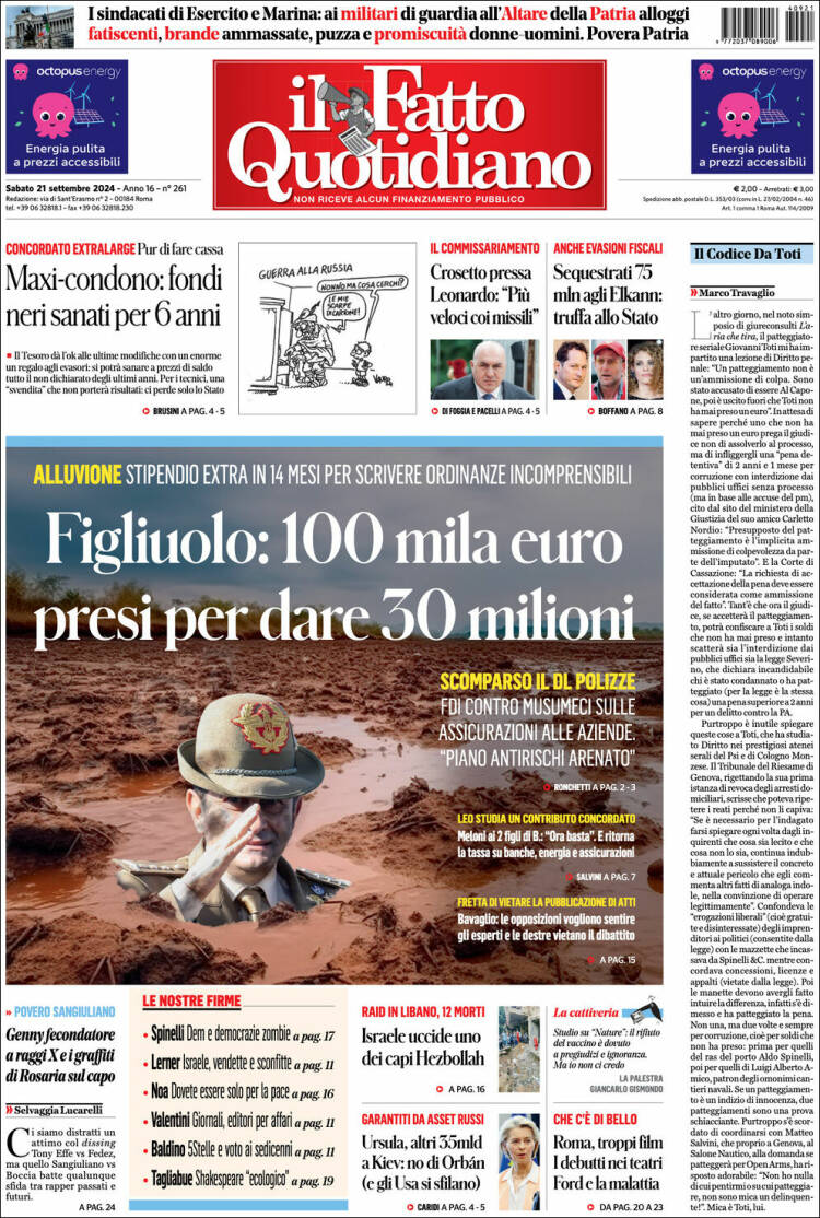 Portada de Il Fatto Quotidiano (Italia)