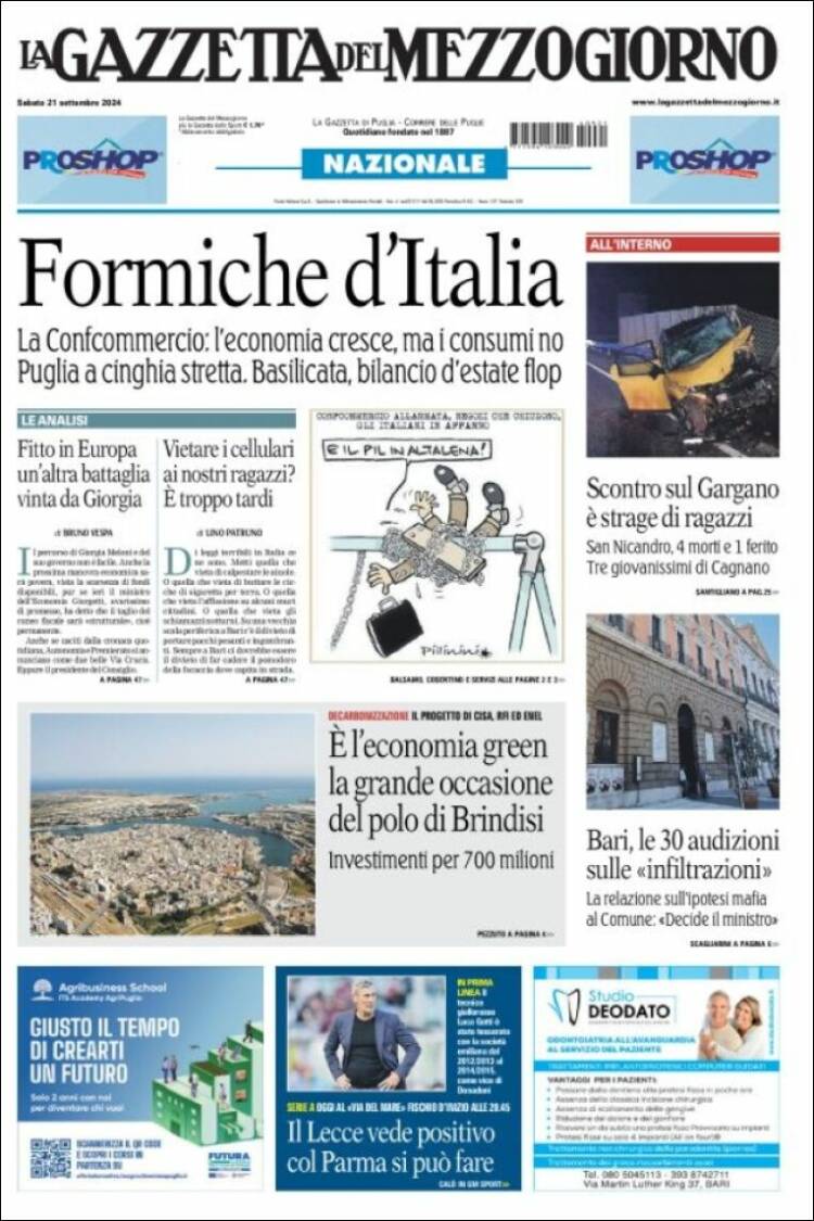 Portada de La Gazzetta del Mezzogiorno (Italia)