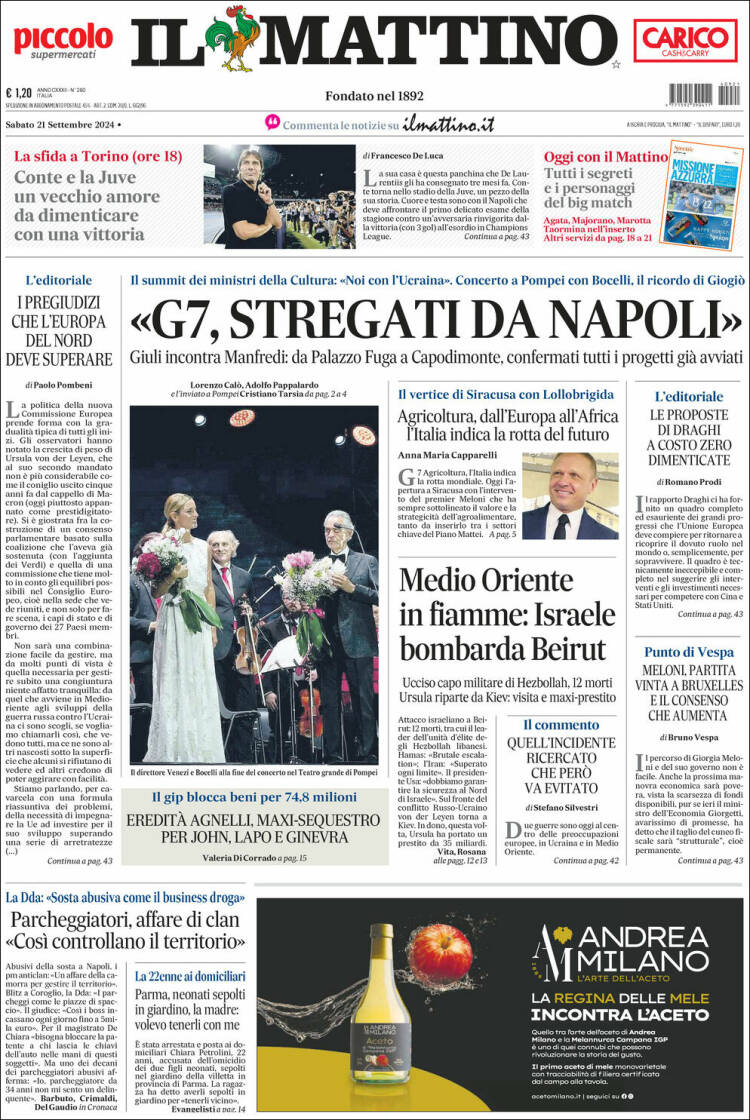 Portada de Il Mattino (Italia)