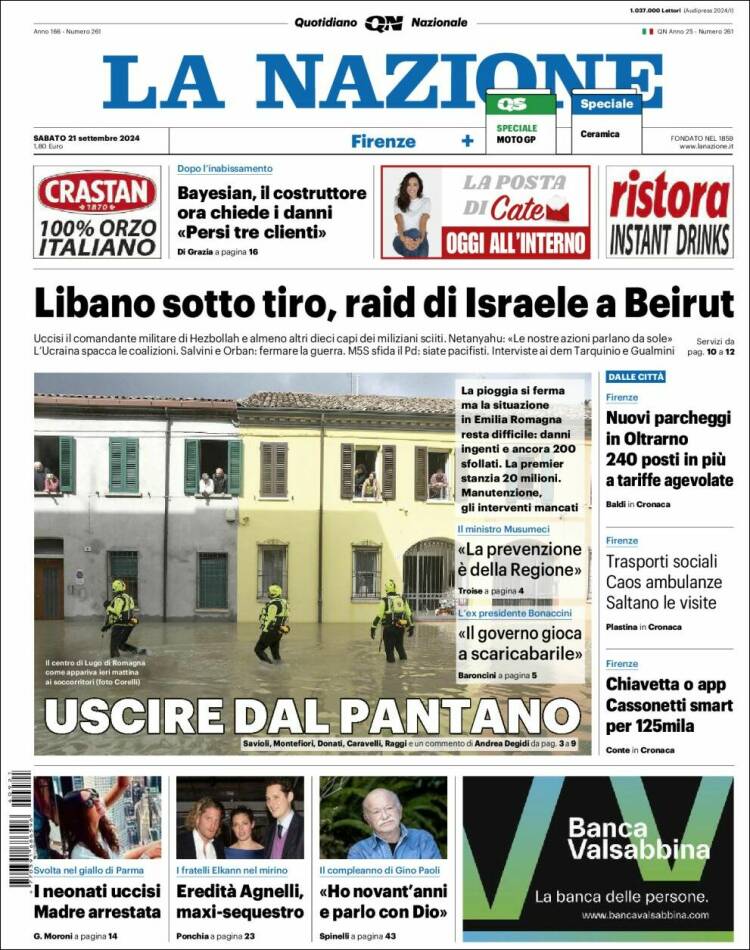 Portada de La Nazione (Italia)
