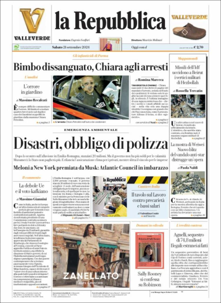 Portada de La Repubblica (Italia)