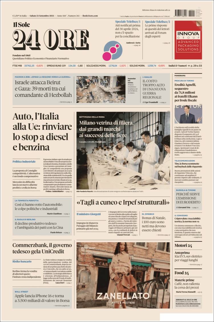 Portada de Il Sole 24 ORE (Italia)