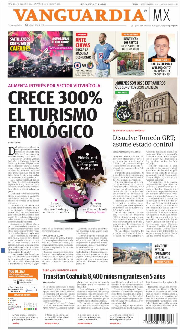 Portada de Vanguardia (M&eacute;xico)