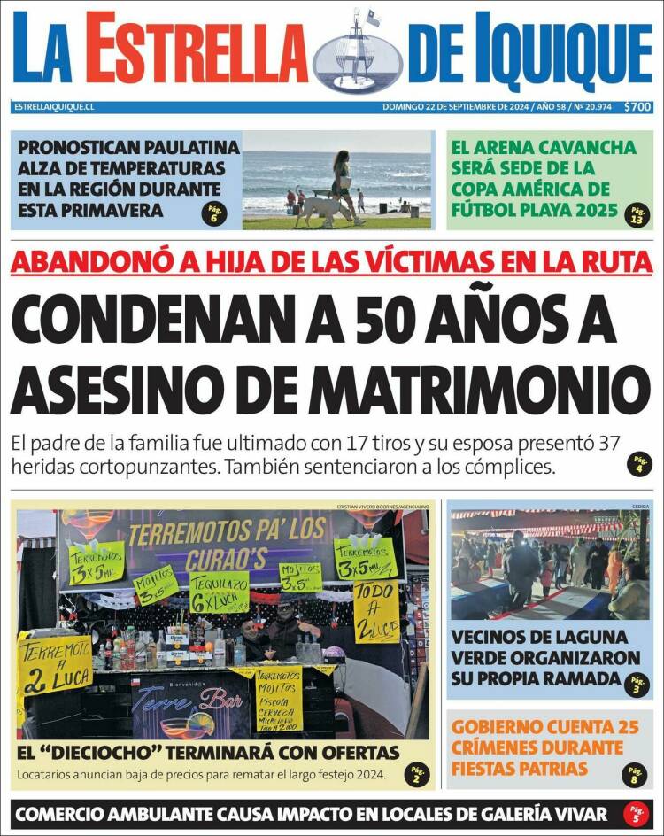 Portada de La Estrella de Iquique (Chile)