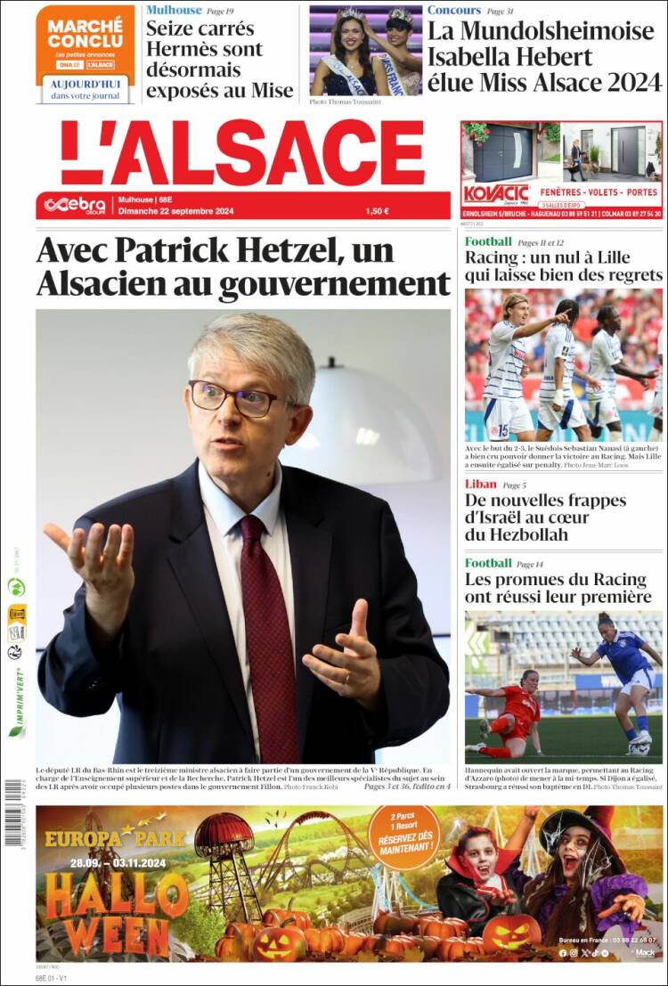 Portada de Journal L'Alsace (Francia)