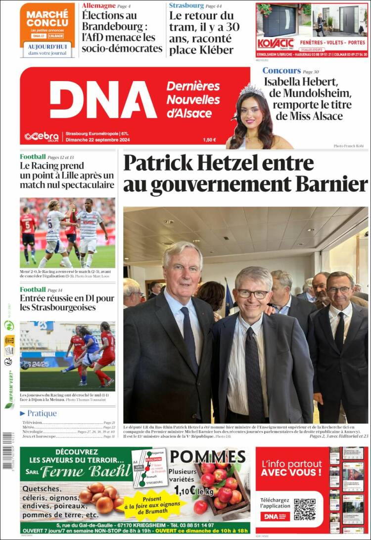 Portada de Les Dernières Nouvelles d'Alsace (Francia)