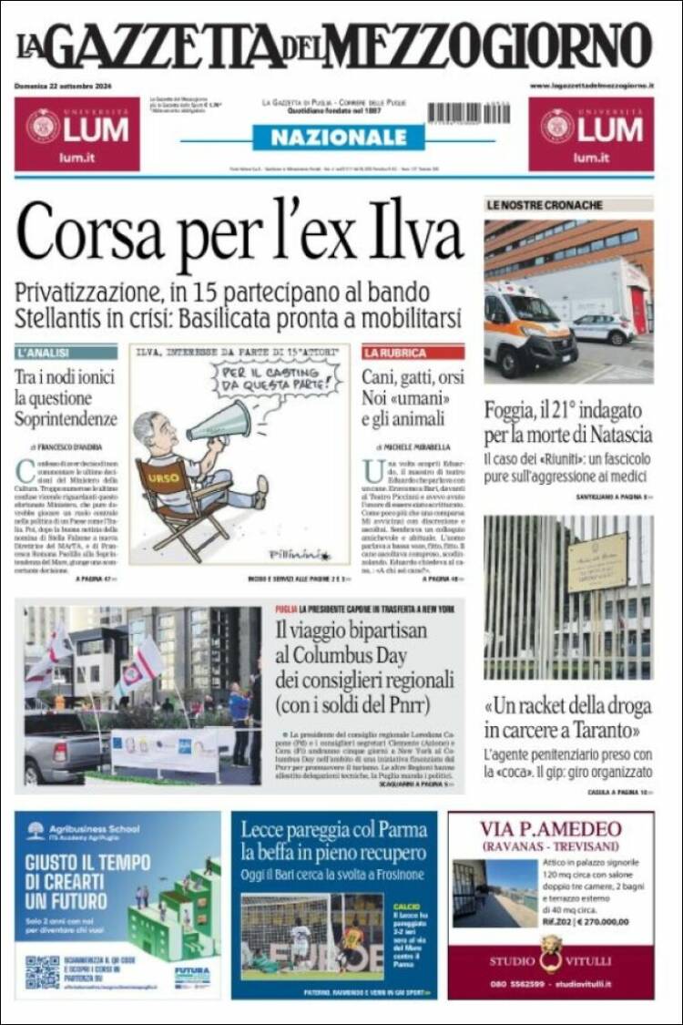 Portada de La Gazzetta del Mezzogiorno (Italia)