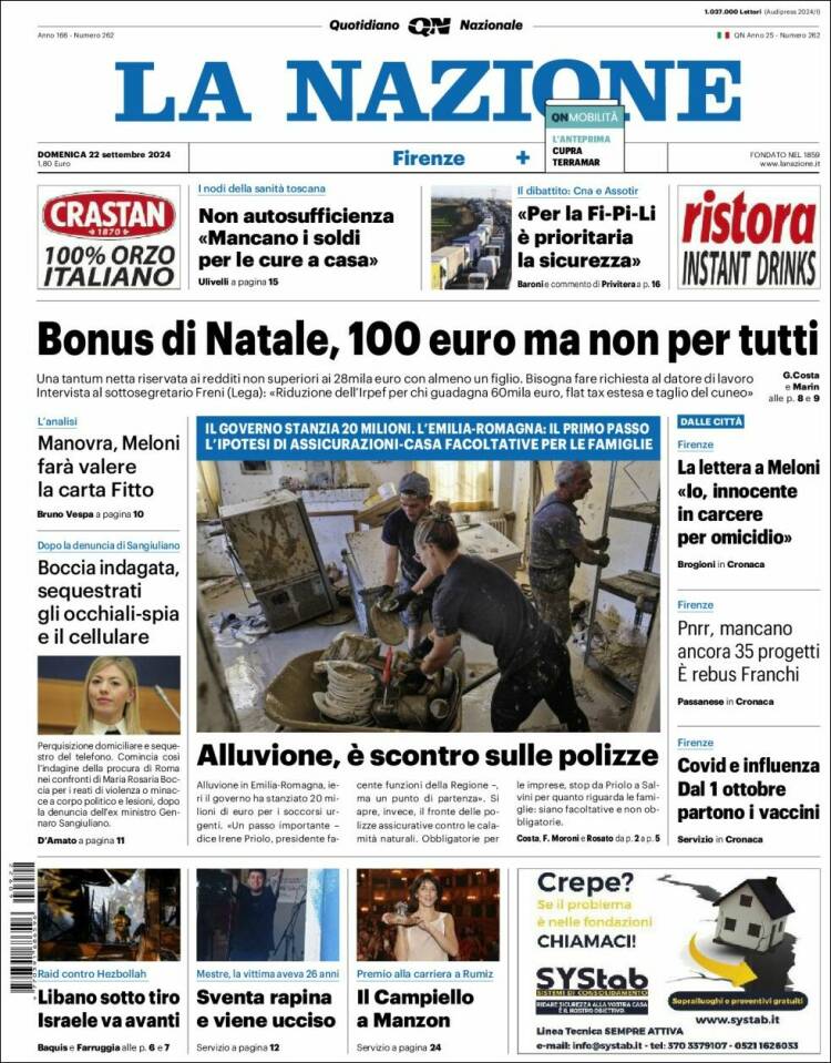 Portada de La Nazione (Italia)