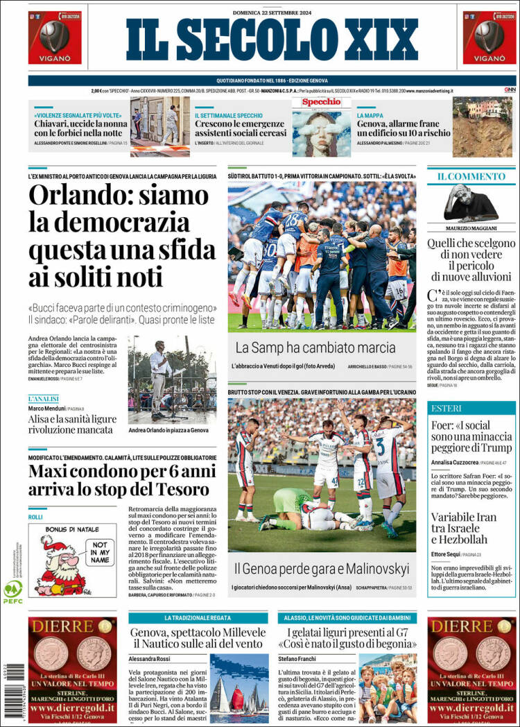 Portada de Il Secolo XIX (Italia)