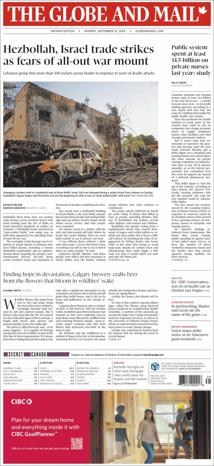 Portada de The Globe and Mail (Canadá)