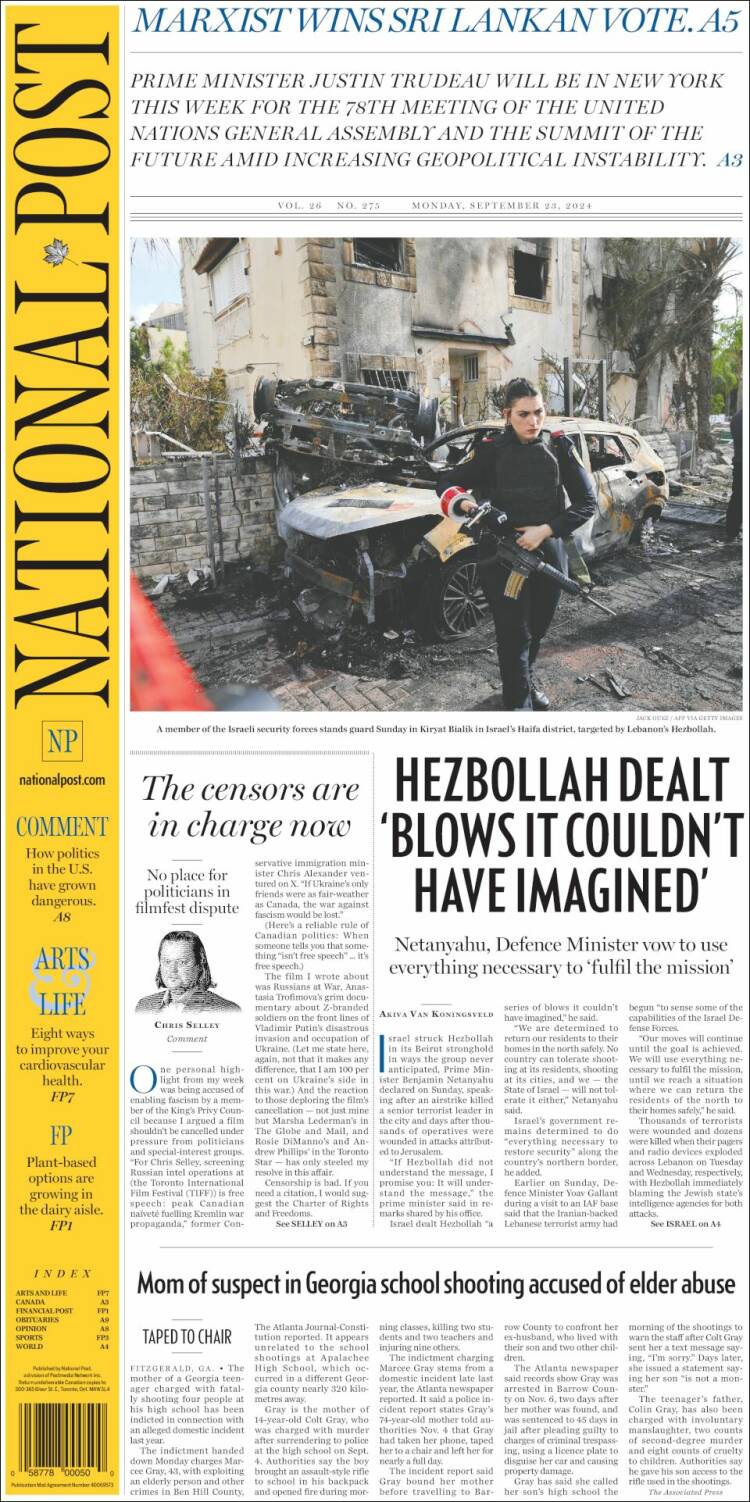 Portada de The National Post (Canadá)