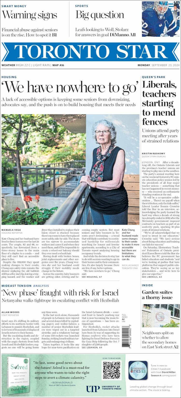 Portada de The Toronto Star (Canadá)