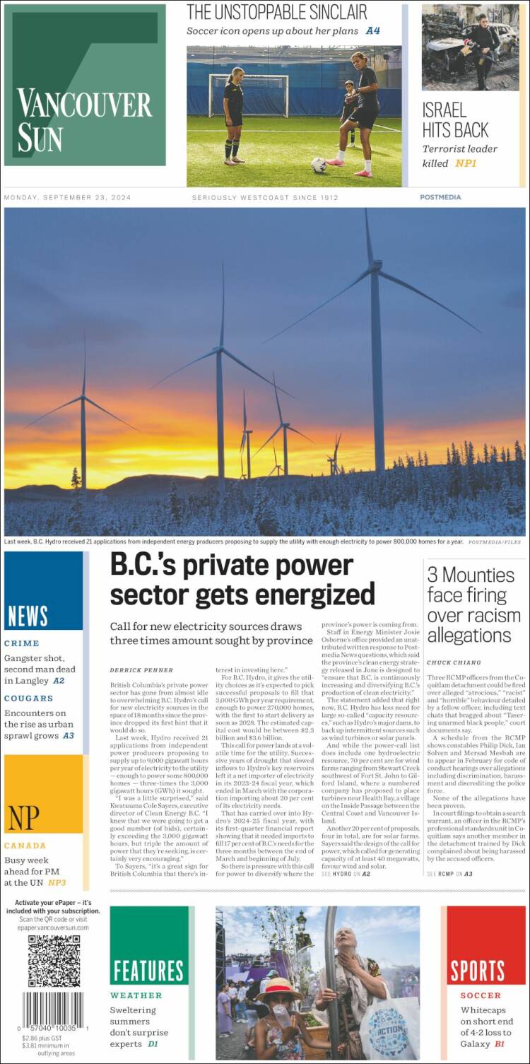 Portada de The Vancouver Sun (Canadá)