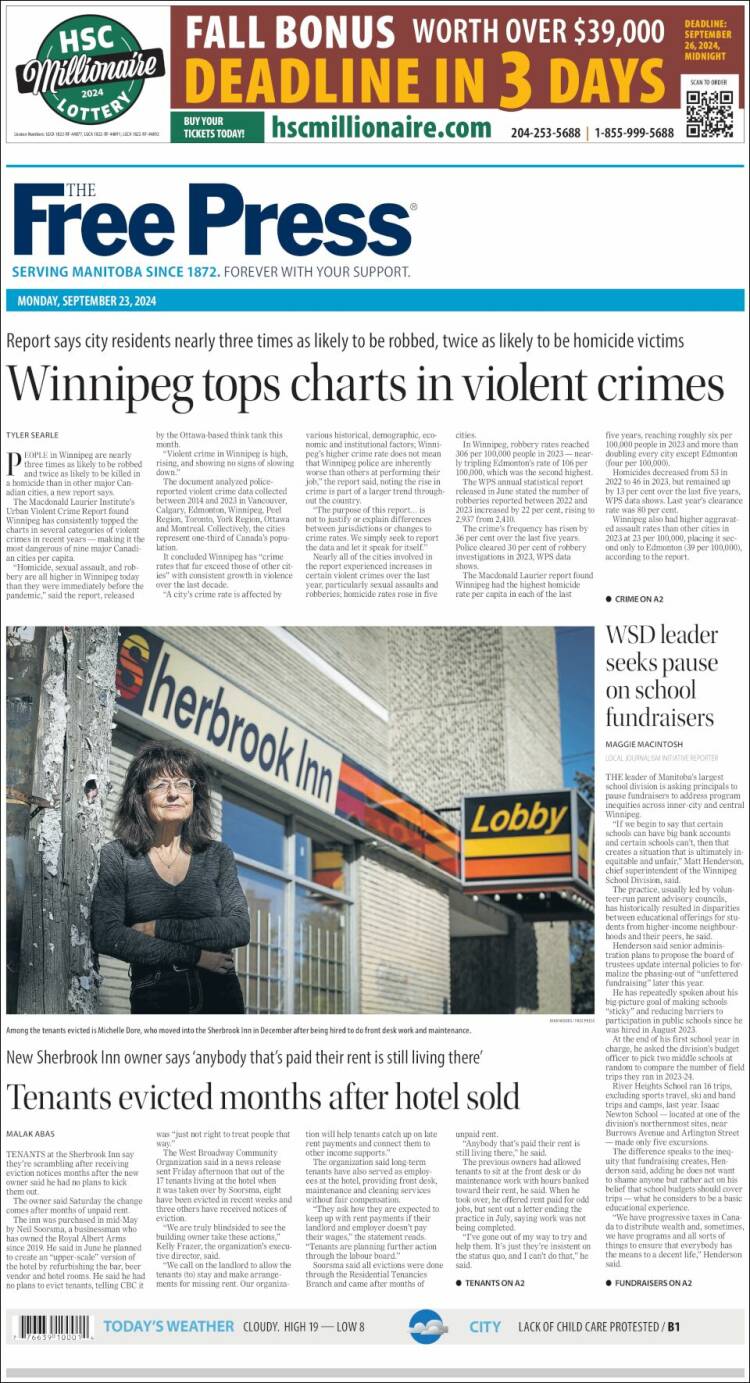 Portada de Winnipeg Free Press (Canadá)