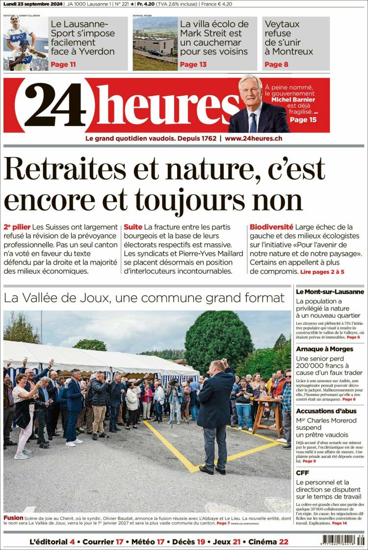 Portada de 24 Heures (Suiza)