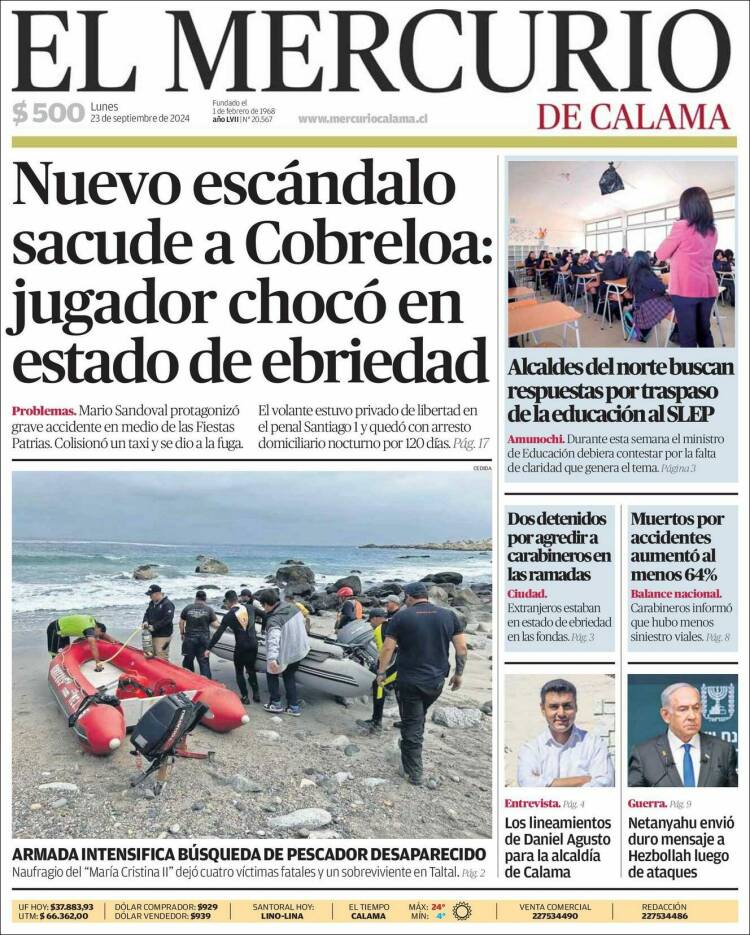 Portada de El Mercurio - Calama (Chile)