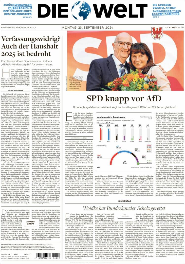 Portada de Die Welt (Alemania)