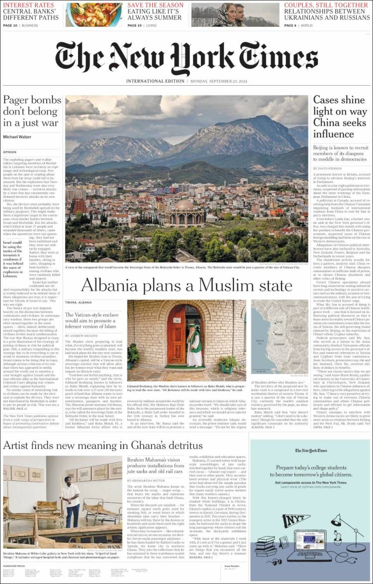 Portada de International New York Times (Europa)